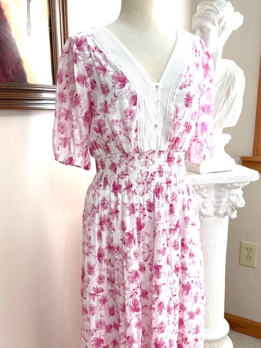 J Gee Smocked Maxi Dress  White Pink Floral BEAUTIFUL Lined